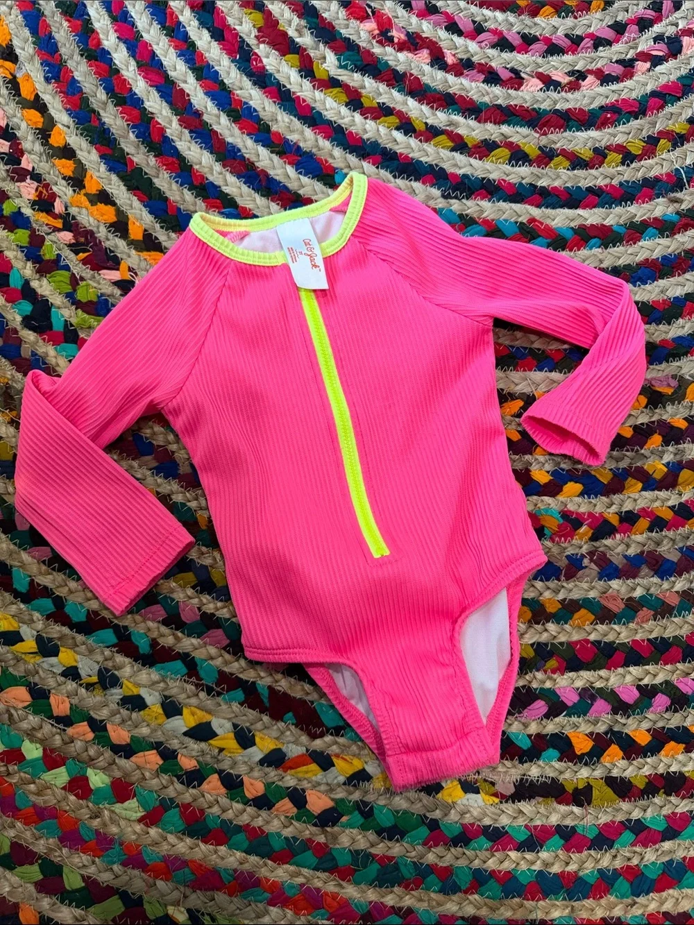 Kids Long-Sleeve Rash Guard Swimsuit - Hot Pink with Neon Yellow Zip -2T